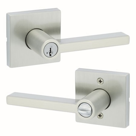 Kwikset Halifax Lever , Square Rose Entry Door Lock SmartKey , 6AL Latch, RCS Strike Satin Nickel Finish 740HFLSQT-15S